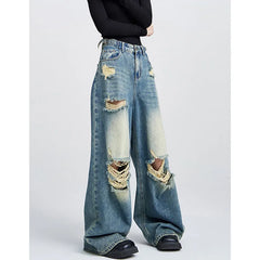 Aiertu Blue ripped jeans for women, summer American high street retro floor-length pants, loose high-waisted straight wide-leg pants Aiertu