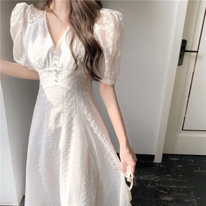 Aiertu Elegant V-neck Midi Dress Women Summer Puff Sleeve White Casual Party Dress Female Office Kawaii Lace One-piece Dress Korean Y2k Aiertu