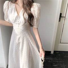 Aiertu Elegant V-neck Midi Dress Women Summer Puff Sleeve White Casual Party Dress Female Office Kawaii Lace One-piece Dress Korean Y2k Aiertu