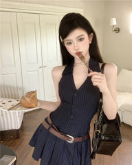 Aiertu 2024 Summer Woman Fashion V-neck Sleeve Striped Dress Clothing High Waist A-line Summer Vestido Female Pleated Y2k Mini Dresses Aiertu