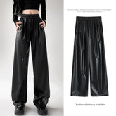 Aiertu Black Wide PU Leather Pants Women Autumn Vintage Elastic High Waist Y2K Harajuku Baggy Straight Trousers Aiertu