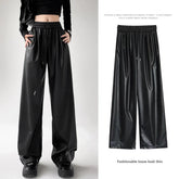 Aiertu Black Wide PU Leather Pants Women Autumn Vintage Elastic High Waist Y2K Harajuku Baggy Straight Trousers Aiertu