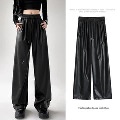 Aiertu Black Wide PU Leather Pants Women Autumn Vintage Elastic High Waist Y2K Harajuku Baggy Straight Trousers Aiertu