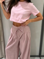 AIERTU - Striped Drawstring Wide Leg Pants Women High Waist Side Pocket Vertical Stripe Bottom Lady's Casual Outdoor Streetwear Trousers Aiertu