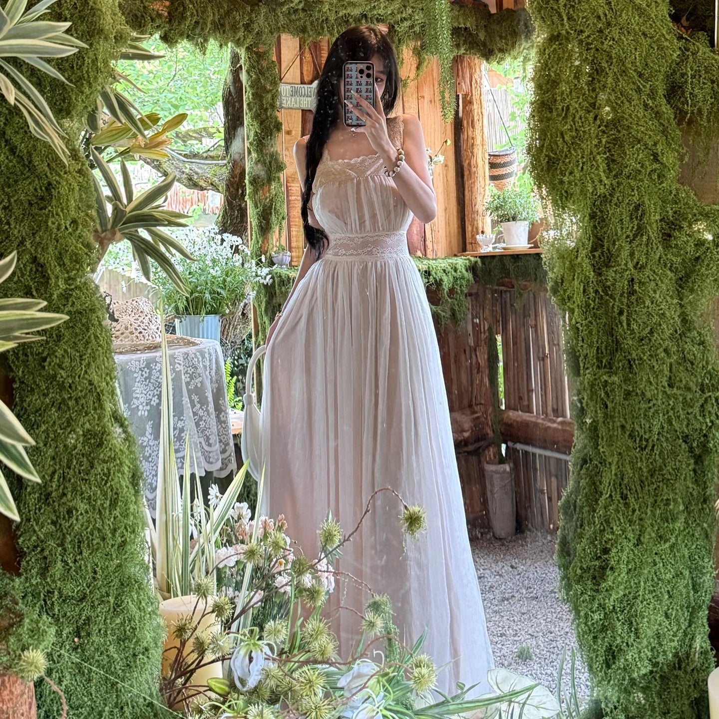 AIERTU - Summer French Elegant Vintage Party Dress Backless Sexy Lace Cinched Waist Spaghetti Strap Dress Chic Beach Vacation Long Dress Aiertu