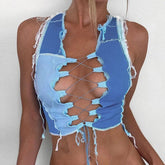 Aiertu Sexy Sleeveless Cropped Tops Women Bandage Cut Out Hole Patchwork Knitwear Camis Summer Bodycon Tie Front Tank Top Streetwear Aiertu