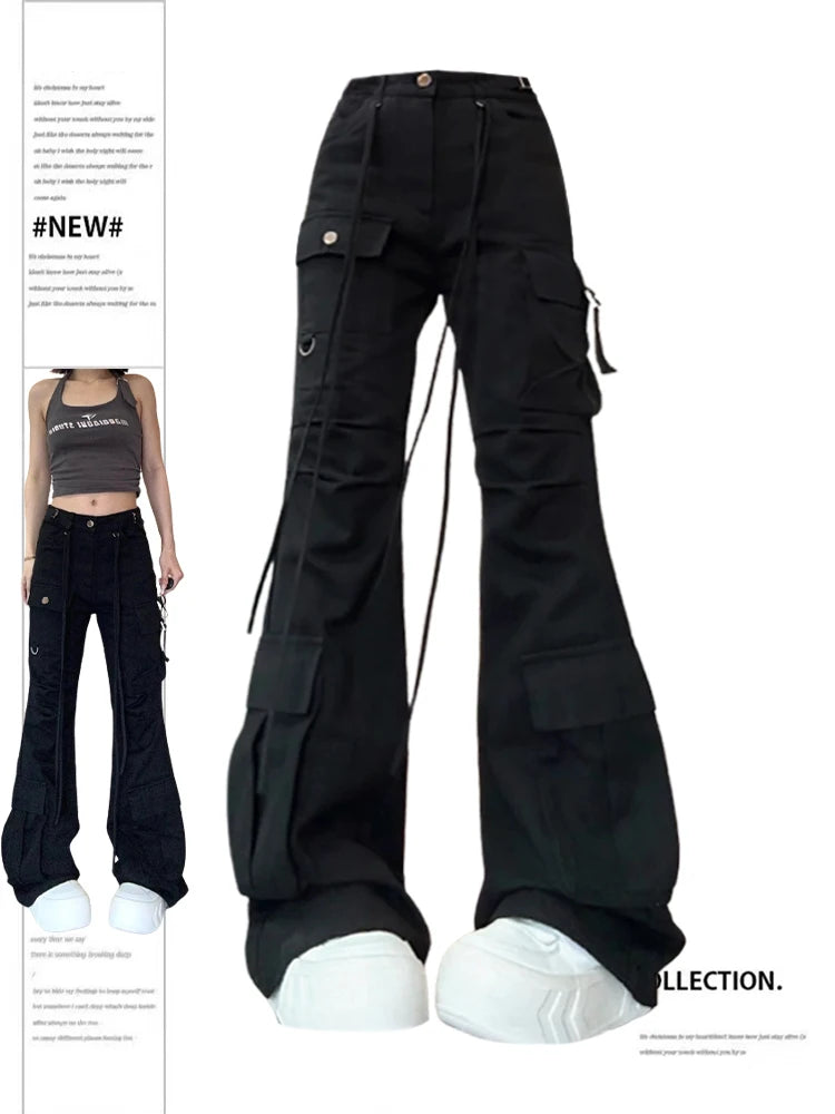 Aiertu Women Black Gothic Flare Jeans Harajuku Vintage Emo 2000s Y2k Baggy Denim Trousers Oversize Wide Cowboy Pants 90s Trashy Clothes Aiertu