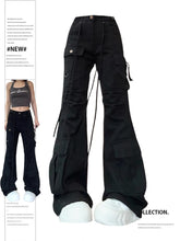Aiertu Women Black Gothic Flare Jeans Harajuku Vintage Emo 2000s Y2k Baggy Denim Trousers Oversize Wide Cowboy Pants 90s Trashy Clothes Aiertu