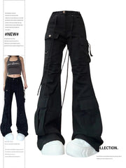 Aiertu Women Black Gothic Flare Jeans Harajuku Vintage Emo 2000s Y2k Baggy Denim Trousers Oversize Wide Cowboy Pants 90s Trashy Clothes Aiertu