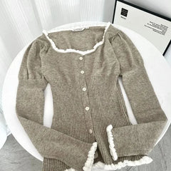 Aiertu Sweet Retro Knit Cardigan Plaid Patchwork Prin Puffy Skirt Two Piece Set Women Fashion Flounce College Slim Spring Female Suit Aiertu