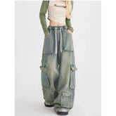 Aiertu Women Blue Jeans Cargo Pants Streetwear High Waist American Wide Leg Pants Fashion Y2K Style Female Winter Straight Trousers Aiertu
