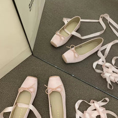 Aiertu NEW Classic Silk Ballet Shoes Lace Up Ballet Shoes Women Square Toe Bowtie and Rose Flower Women Flats Elegant Valentine Shoes Aiertu