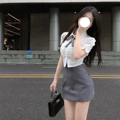 Summer Korean Uniform Set Two-piece Short Blouse Puff Sleeve White Hot Girl Girdle Waist Slim Shirt Hip Skirt JK School Uniform Aiertu