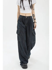 Aiertu Autumn Women Harajuku Cargo Baggy Blue Jeans Streetwear Hip Hop Oversize Casual Wide Leg Vintage Demin Pants Y2k Loose Trousers Aiertu