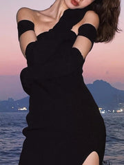 Aiertu Women's Autumn Elegant Sexy Bodycon Midi Black Knitted Dress Slim Casual Party Evening Sweater Vestidos Fashion Female Clothes Aiertu
