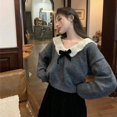 Aiertu Korean Style Sweaters Women Kawaii Sweet Pullovers Grey Bow Knited Crop Tops Vintage Patchwork Sweater Autumn Winter Aiertu