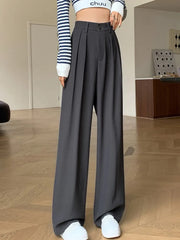 Retro Straight Wide Leg Brown Pants Vintage Female Korean High Waist Casual Long Navy Blue Pants White Beige Trousers Aiertu