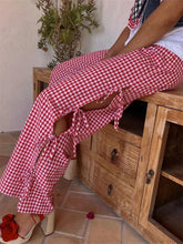 AIERTU - Women Plaid Wide Leg Pants Side Tie-Up Hollow-Out Loose Straight Trousers Bottoms Spring Summer Fashion Casual Sweatpants Aiertu