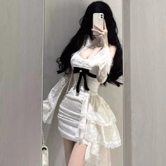 Aiertu DRESS TO IMPRESS Y2K Lace Bodycon Mini Dresses for Women Slash Neck Flare Sleeve A-line Birthday Party Short Train Dress Korean Fashion Vestidos Aiertu