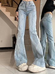 Aiertu Vintage Flared Stretch Jeans Women High Waist Skinny Boot Cut Gray Denim Pants Y2K Punk Streetwear Wide Leg Trousers Aiertu