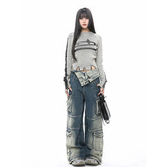 Aiertu Blue Jeans Women Streetwear Fashion Y2K High Waist American Wide Leg Pants Denim Female Pants Autumn Straight Trousers Aiertu