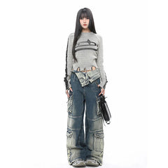 Aiertu Blue Jeans Women Streetwear Fashion Y2K High Waist American Wide Leg Pants Denim Female Pants Autumn Straight Trousers Aiertu