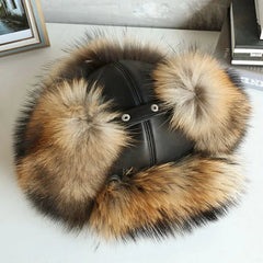AIERTU - Fur Hat Women Black Fox Fur Ushanka Hats Winter Warm Ears Bomber Cap Thick Hat Windproof Ear Flaps Middle Aged Cold Weather Aiertu
