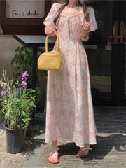 Aiertu Summer Floral Printed Midi Dress Women Off Shoulder Puff Sleeve Fairy A-line Elegant Dresses Casual Korean Fashion Aiertu