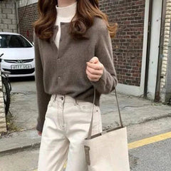 Aiertu Cold Weather Outfits Fall Solid Color Knitted Cardigan Women Korean Single Breasted Long Sleeve Jumper Woman Round Neck All Match Sweater Outwear Top Aiertu