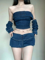 Aiertu Women Clothing Chic Summer Two Piece Sets Strapless Tunic Vest Crop Tops Bodycon Mini Skirt Outfits Casual Denim Y2k Suit Aiertu