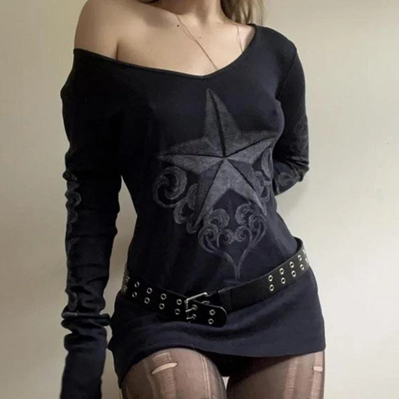 Aiertu Harajuku Star Graphic Print Mini Dress Vintage E-girl Gothic Dark Academia Mall Goth Bodycon Y2K Aesthetic Retro Grunge Dresses Aiertu