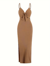knit simple sleeveless suspender dress in spring and summer, leaking back and sexy long skirt with neck. Aiertu