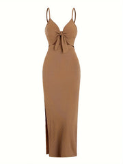 knit simple sleeveless suspender dress in spring and summer, leaking back and sexy long skirt with neck. Aiertu