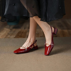 Aiertu Summer Shoes Women Square Toe Chunky Heel Sandals Women Patent Leather Solid Chain Low Heel Wine Red/Beige Shoes for Women Aiertu