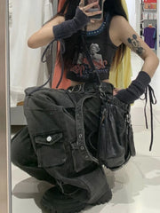Aiertu Y2k Cargo Jeans Pants Women Rave Pants Street Oversize Loose Wide-leg Pockets Female Pant Vintage Hip Hop Denim Trousers Aiertu