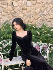 Aiertu Gothic Vintage Balck Long Sleeve Dress Woman Elegant Fashion Velvet Midi Dress Korean Style Even Party Dress Casual Spring Aiertu