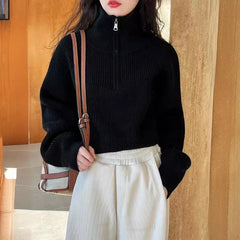 Autumn Winter Zipper Sweaters Women Solid Color High Neck Knitted Pullover Solid Red Loose Turndown Collar Women's Turtleneck Aiertu