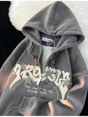 Aiertu Vintage Y2K Zip Up Hoodies Women Harajuku Letter Sweatshirts Hippie Gothic Streetwear Loose Casual Patchwork Top Coats Aiertu