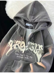 Aiertu Vintage Y2K Zip Up Hoodies Women Harajuku Letter Sweatshirts Hippie Gothic Streetwear Loose Casual Patchwork Top Coats Aiertu