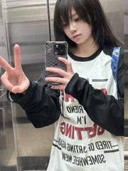 Aiertu Casual Loose Preppy Letter Print Tshirts Patchwork Contrast Color Trendy T-shirts Women Streetwear Grunge Long Sleeve Tees Y2k Aiertu