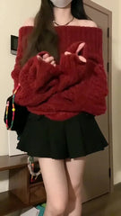 Aiertu Women Red Pullover Knitted Sweater Harajuku Y2k Long Sleeves Slash Neck Sweater Jumper Vintage 2000s Aesthetic Clothes 2024 aiertu