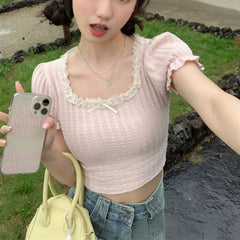 Aiertu Sweet Kawaii Short Sleeve Women Pink Bow Lace Korean Style Crop Top Slim Up Cute Patchwork Black Summer Aesthetics Tees Aiertu