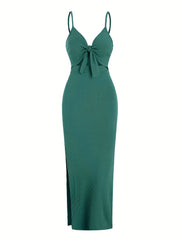 knit simple sleeveless suspender dress in spring and summer, leaking back and sexy long skirt with neck. Aiertu