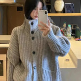 Aiertu Loose Lazy Sweater Women Twist Fashion Knit Autumn Winter Warm Cardigan Harajuku Stand Collar Gray Vintage Female Jumpers aiertu