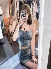 Aiertu Spicy Girl Chain Hanging Neck Denim Bra Top Skirt Two Piece Set Women Gradient Collarbone Sleeveless Slim Summer Slim Girl Suit Aiertu