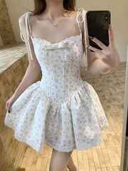 AIERTU - French Sweet Floral Suspender Lace Dress Female Summer New Fashion Vintage Casual Waist Bow Fluffy Short Dresses Women Aiertu
