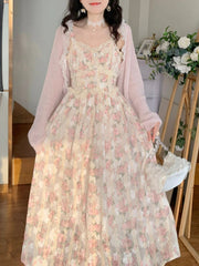 Aiertu Chiffon Lace Strap Dress Women Floral Embroidery Fairy Vintage Long Dress Female Sweet Princess Casual Party Dresses Summer Aiertu