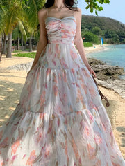 Aiertu Spaghetti Strap Elegant Women Summer Dress Sleeveless Casual Floral Print A-Line Beach Holiday Clothes Female Long Robe Aiertu