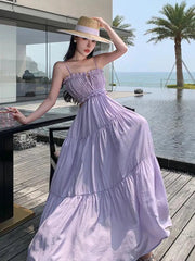 Aiertu Women Sleeveless Slip Long Dress New Summer Elegant Boho Holiday Beach Dress Solid V-neck Pleated Bandage Dresses Backless Aiertu
