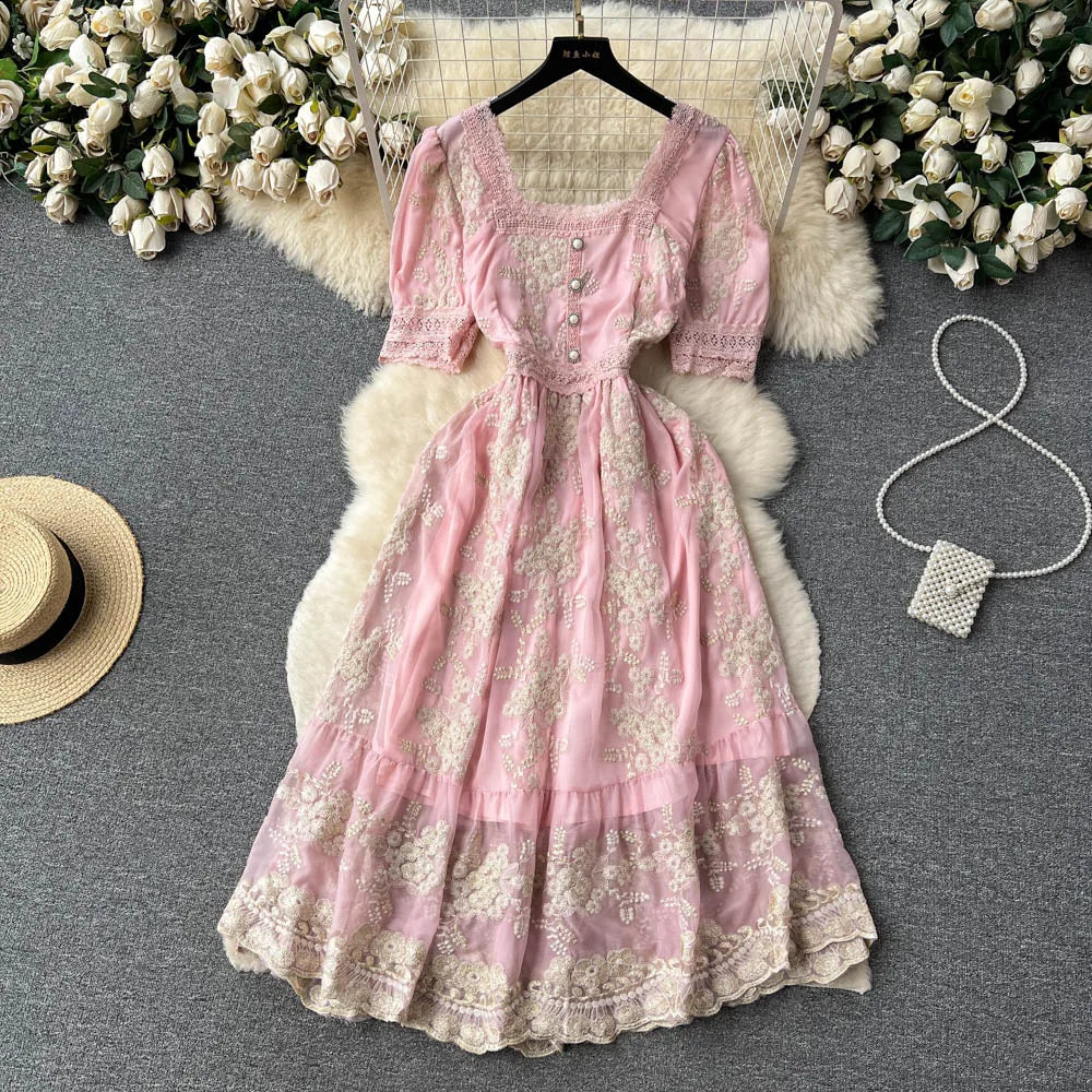 Aiertu High Quality Lace Embroidery Long Dress Women Short Sleeves Mesh A Line Sundress French Vintage Floral Midi Dress Aiertu